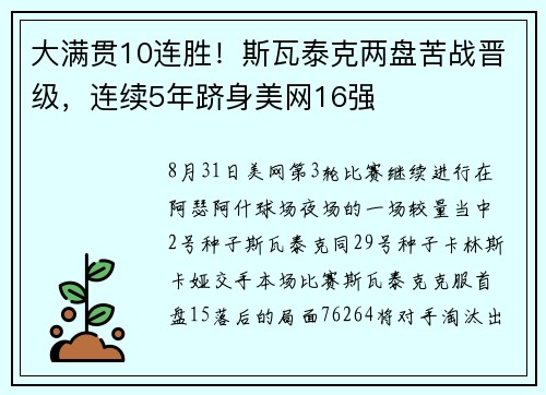 大满贯10连胜！斯瓦泰克两盘苦战晋级，连续5年跻身美网16强